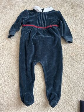 Gucci Navy Velour Footed One-Piece with Red Trim